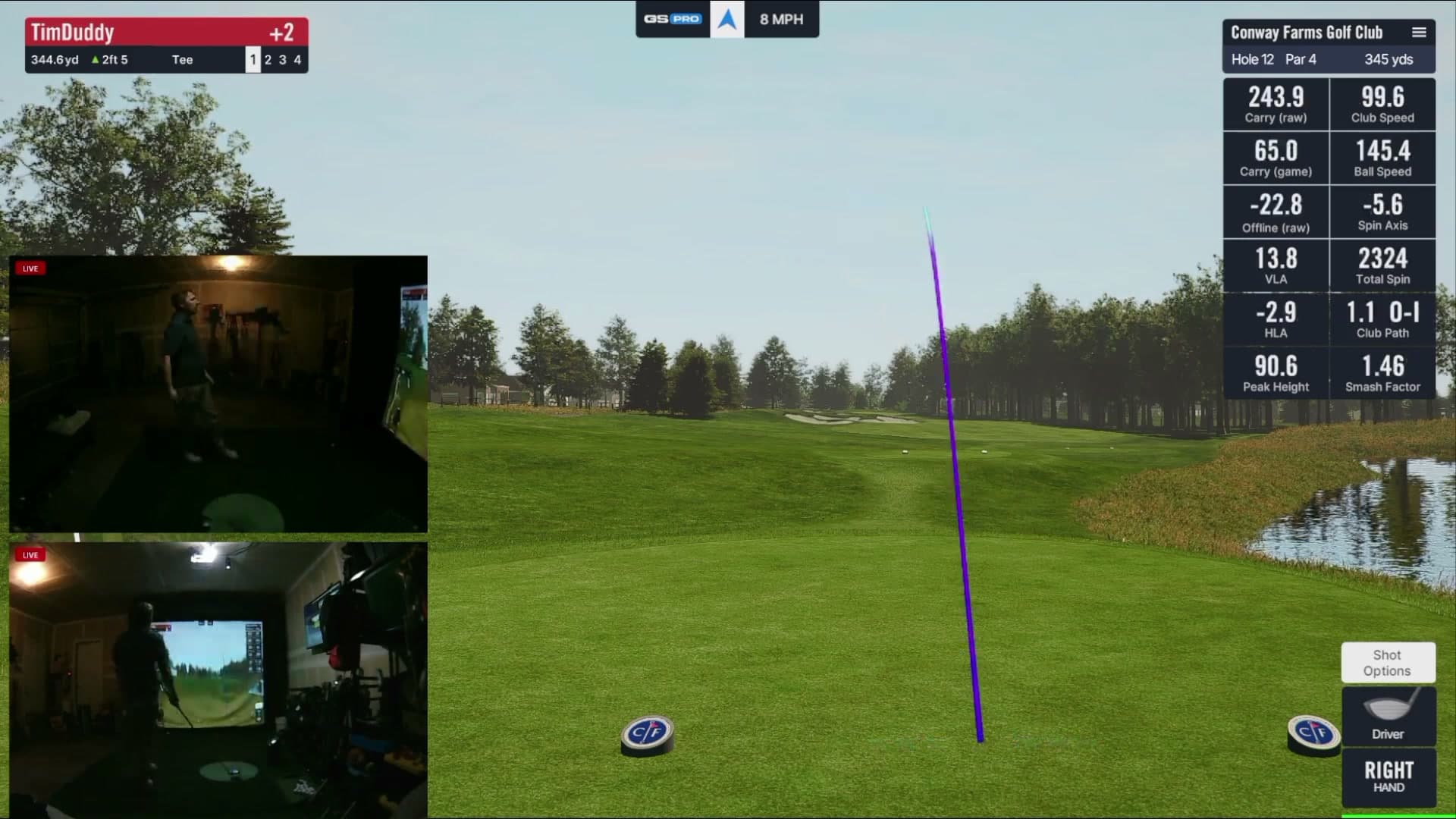 A Trundle broadcast as it went out on YouTube: GSPro with the drive's tracer, two bay cameras marked live, and the shot-data panel.