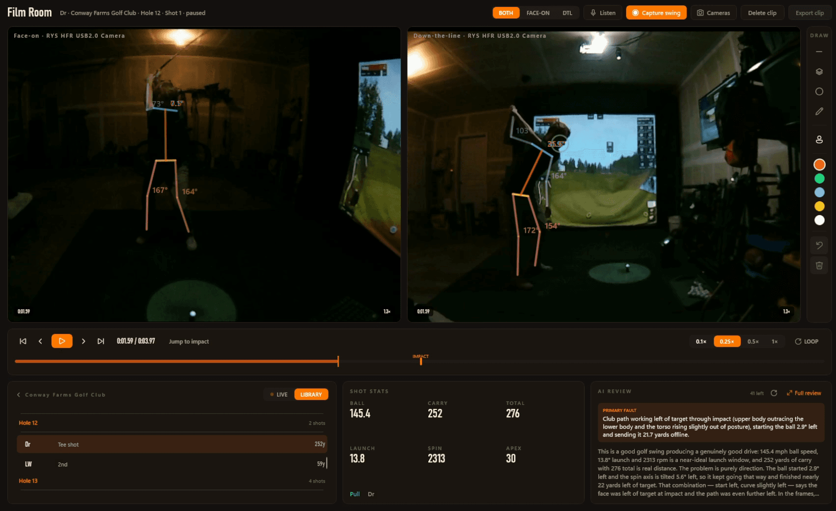 Film Room: two synced camera angles with the skeleton overlay, the swing timeline, shot stats and an AI review.