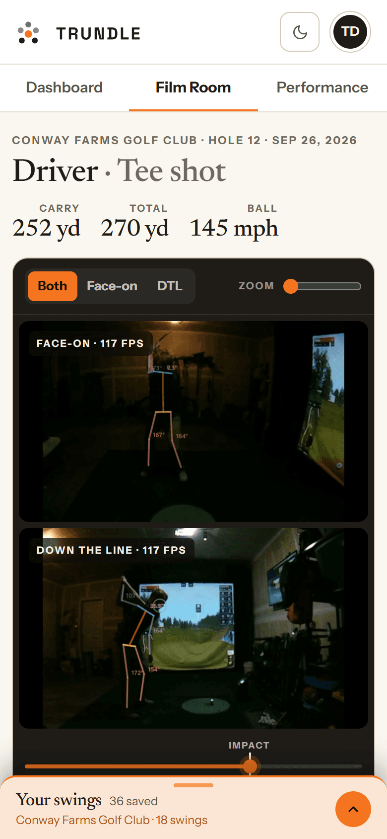 Film Room on a phone: face-on and down-the-line angles stacked, with the scrubber and the swing library.