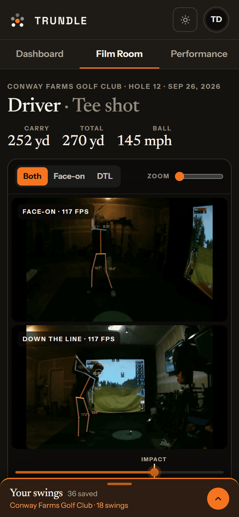 Film Room on a phone: face-on and down-the-line angles stacked, with the scrubber and the swing library.